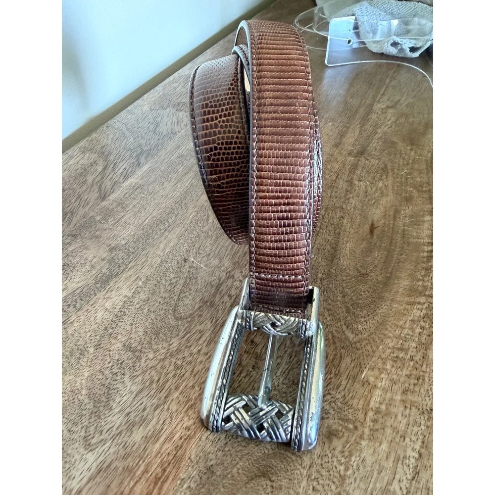 Brighton Womens Brown Lizard Embossed Leather Belt Size L Silver Buckle Western